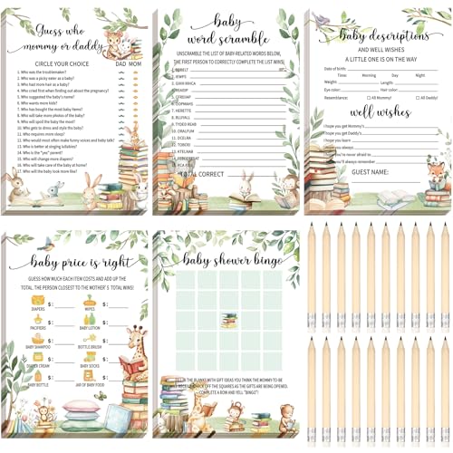 Yinder 145 Pcs Baby Shower Games Activities Cards with 20 Pencils Includes Baby Bingo Description and Wishes Guess Who Price is Right Word Scramble Game(A New Chapter Will Soon Begin,Storybook)