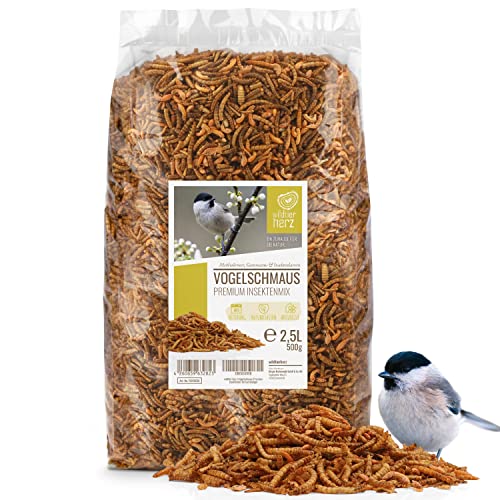 Wildtier Herz Comida para pájaros Silvestres, Mezcla Premium de Insectos (2,5 litros) Gusanos de harina deshidratados para Aves. Producto Alemana. Alimenta a Tus pájaros