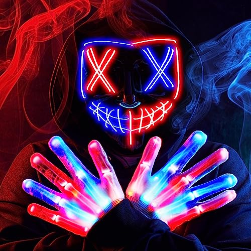 Image of JOYIN Halloween Led Mask, Light Up Mask and Gloves for Cosplay Costume (Red & Blue), 3 Modes Scary Glow in The Dark Masks for Boys Girls Halloween Party Dress Up Accessories, Gifts Giving