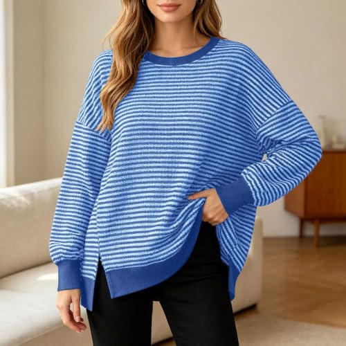Oversized Sweaters for Women Side Split Long Sleeve Knit Striped Sweater - image 6