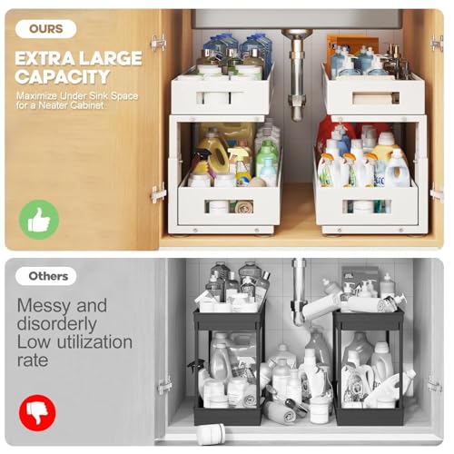Image of 2 Packs 21IN Depth Under Sink Organizer, 2-Tier Pull Out Cabinet Organizer With Smooth Circular Rail, Large Capacity Metal Mesh Sliding Drawers For Bathroom& Kitchen Storage,Height Adjustable -White
