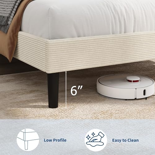 Image of GarveeLife Corduroy Upholstered Platform Bed Frame with USB Charging Station, Adjustable Storage Headboard, Wooden Slat Support, No Box Spring Needed, Easy Assembly,Twin Beige