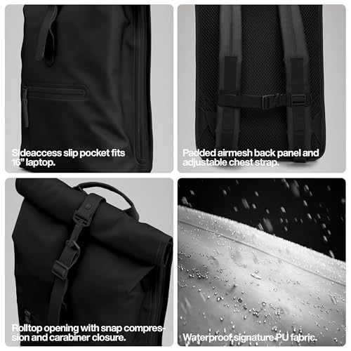 Image of RAINS Rolltop Rucksack - Waterproof Backpack with Chest Strap, Standard