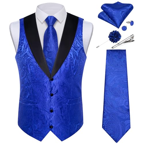 Image of DiBanGu Mens Paisley Suit Vest Silk Jacquard Waistcoat and Necktie Set Formal Shawl Collar Dress Vest 7PCS for Wedding Party