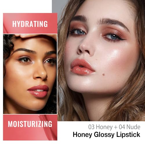 Image of Honey Lipstick Tinted Lip Balm - Shine Moisturizing Lipstick for Women, Natural Nourishing Hydrating Lip Gloss Stain for Dry Lips, Tint Sheer Lightweight Makeup, Vegan - 2Pc Honey & Nude