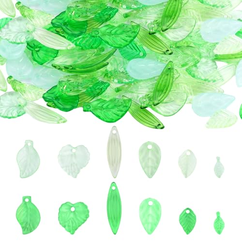 Bewudy 120 Stück Klare Blatt Charms Anhänger, Acryl Perlen Blätter mit Löchern Transparent Grün Blatt-Anhänger zum Basteln, Grüne Blattperlen für Basteln Schmuckherstellung Schlüsselanhänger(12 Stile)