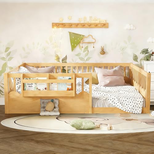 Image of Bellemave Queen Size Kids Montessori Floor Bed,Solid Wood Floor Bed Frame with Bookshelf and High Fence for Kids,Girls,Boys,Natural
