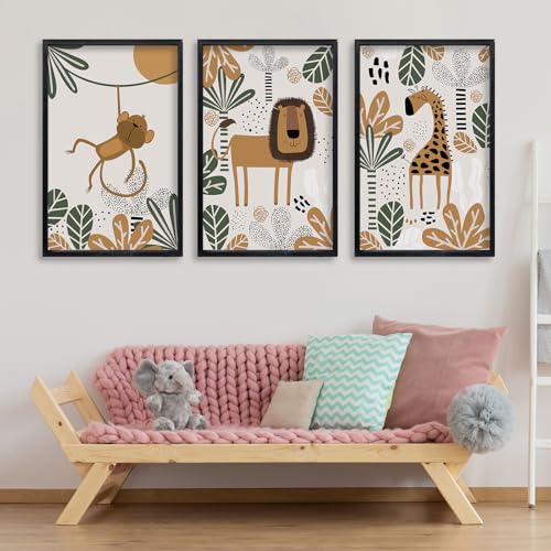 Image of Baby Safari Animals Wall Art 16"x11" Set of 3 Boy Girl's Kids Room Boho Wood Framed Sign Rustic Farmhouse Vintage Nursery Children's Room Cute Wildlife Prints Wall Prints Hang Decor (Black)
