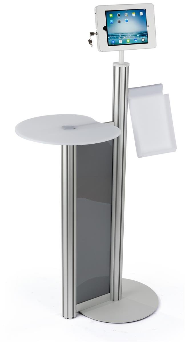 Displays2go iPad Stand with Brochure Pocket Table Locking Enclosure with Tilting Bracket Integrated Charger Cable Cord Silver IPDTBL2