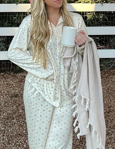 Women 2 Piece Floral Pajama Set Button Down Long Sleeve Wide Leg Fruit Set Cute Pjs Y2K Loungewear Sleepwear S-XL3