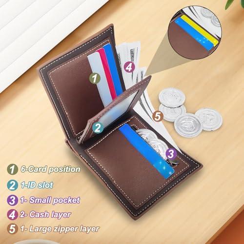 Mens Wallet, PU Leather Bifold Wallets for Men Foldable Credit Card Wallet with Card Slot ID Card Window Front Pocket Wallet with Zipper (Brown)4