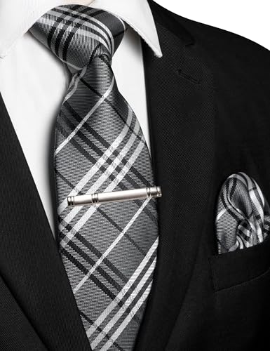 Image of RBOCOTT Silk Stripe Plaid Tie and Pocket Square with Tie Clip Sets for Men
