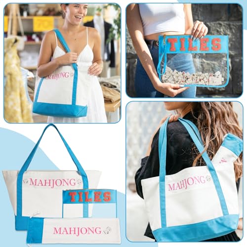 Set 3 bolsas vacías para Mahjong con bordado azul miniatura 5