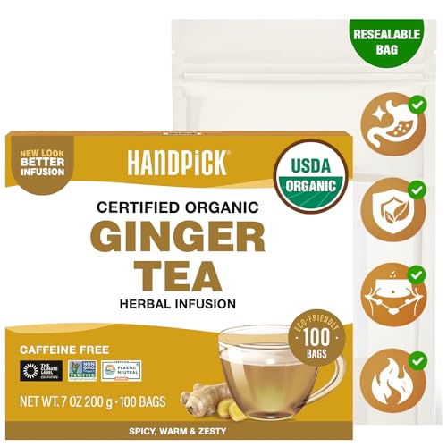 Image of HANDPICK Organic Ginger Tea (100 Tea Bags) 100% Pure Ginger Root, Non GMO