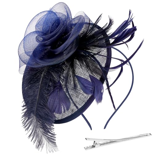 Alaoo Fascinators Hat Para Mujeres, Sombrero Tocados De Pinza, Tocado de Flor de malla Organza con Plumas Fascinator Sombreros para Mujeres, Fascinators Hat para Cóctel Tea Party, Bodas, Azul Marino