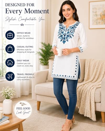 Image of Women's Pure Cotton Embroidered Short Kurtis