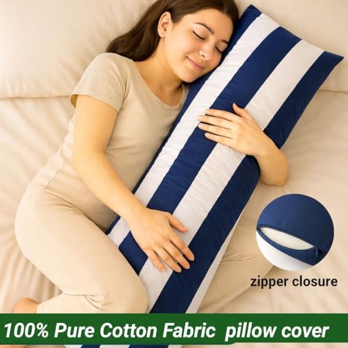 Image of 100% Cotton 600 TC Body Pillow Cover - Ultra Soft & Breathable Long Pillowcase | Zipper Closure | 20 inchx54 inch | Navy Blue & White Stripe | Ideal for Pregnancy, Side Sleepers & Full Body Support