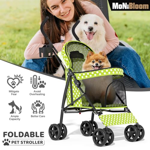 Image of MoNiBloom 4 Wheels Pet Stroller, Easy-Fold Umbrella Shaped Dog Cat Jogger Stroller w /Storage Bag & Visible Mesh for Small /Medium Dogs Cats Lawn Green Polka Dots