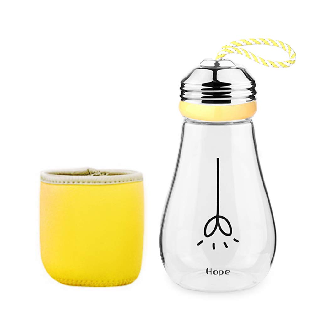 Creative Bulb Cup,BPA Free Glass Travel Tea Mug,Cute Water Bottle with Neoprene Sleeve 14 Ounce
