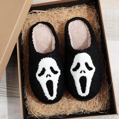 Halloween Skull Scream Spooky Fuzzy Warm Slippers Ghost Face for Women and Men Holiday Season Indoor Bedroom Shoes2