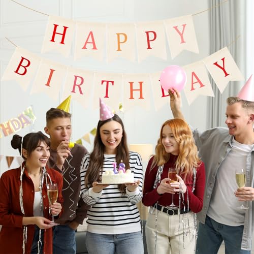 Image of Doumeny Happy Birthday Burlap Banner Boho Birthday Garland Banner Red Bohemian Theme Hanging Bunting White Happy Birthday Bunting Garland Colorful Birthdays Sign Flag for Women Men Party Backdrop