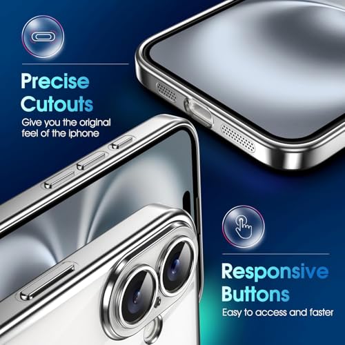 Image of VONZEE Electroplated Transparent Clear Transparent Cover for iPhone 16, TPU Cover, Full Body & Individual Camera Protection Bumper Cases for Men & Women (Silver)