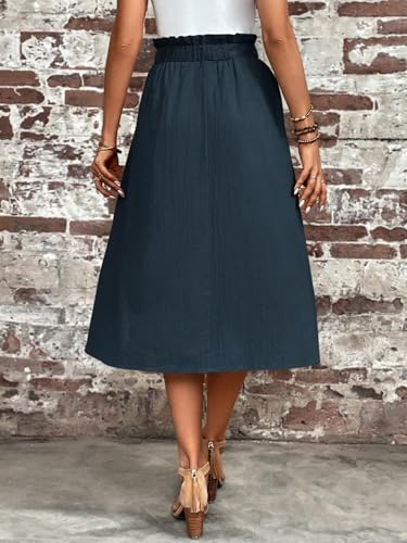 Paperbag Waist Pocket Button Skirt Basic Women's Summer Casual Vinage Skirt2