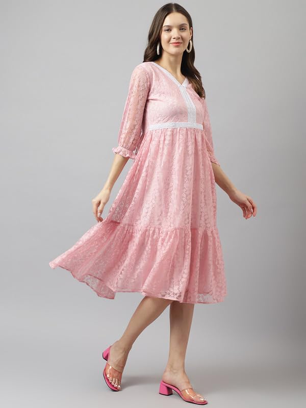 Image of Cicica Women's Baby Pink Russle Net Floral Tiered Western Dress | Dress for Women | A line Dress | Winter Dress | Western Dress | Women Dress | Trendy Dress | Midi Dress