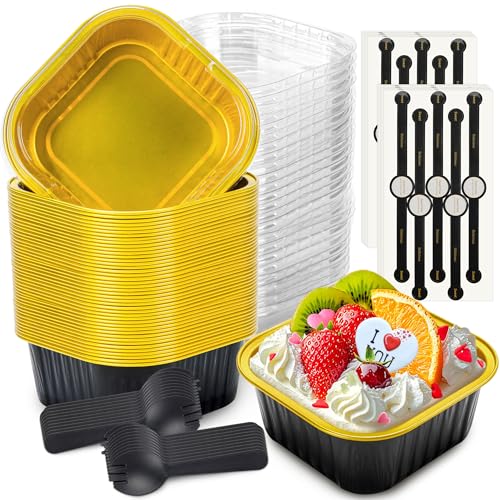 60 Pack Mini Cake Pans with Lids Mini Aluminum Pans, Disposable Loaf Pans Cupcake Liners with Lids for Pudding, Souffle, Party, Wedding(Black Gold, 10 oz) Black 10 OZ