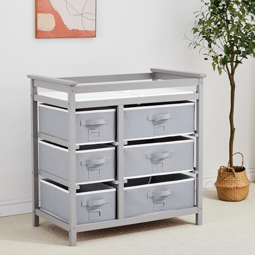 Image of Wooden Diaper Changing Table, Modern Baby Changing Station Dresser with 6 Storage Drawers and Pad,Toddler Changing Diaper Table for Nursery Portable Changing Table for Baby Newborn Infant