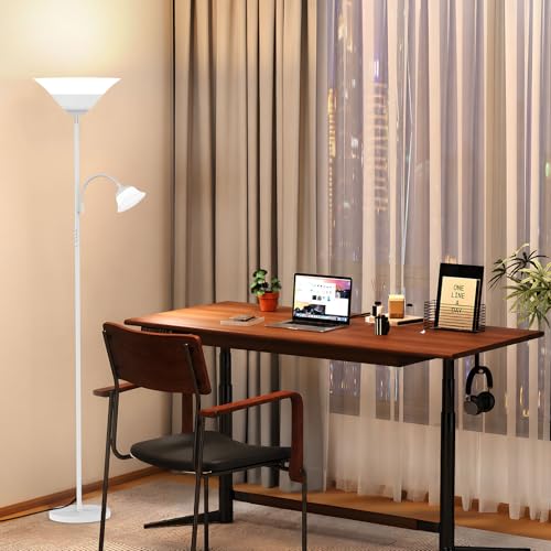 Image of SIBRILLE 2-in-1 Torchiere Floor Lamp, 34W Super Bright LED Standing Lamp with Remote & Touch Control, 72 inch Dimmable Adjustable Corner Reading Lamp for Living Room, Bedroom, Office, White
