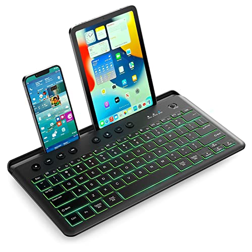 3-Mode Wireless 7-Color Backlit Bluetooth Keyboard for Tablet Phone, Rechargeable Multi-device keyboard with Connection to 3