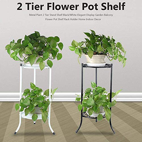 Metal 2 Tier Indoor Display Planter Balcony Flower Pot Trays Bonsai Holder Plant Stand Shelf Home Decor(White)