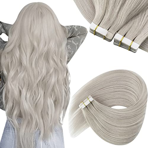 Sunny Silver Tape in Hair Extensions Human Hair Grey Blonde Tape Hair Extensions Remy Human Hair Tape in Extensions Seamless Gray Human Hair Extensions Tape in 20inch 20pcs 50g