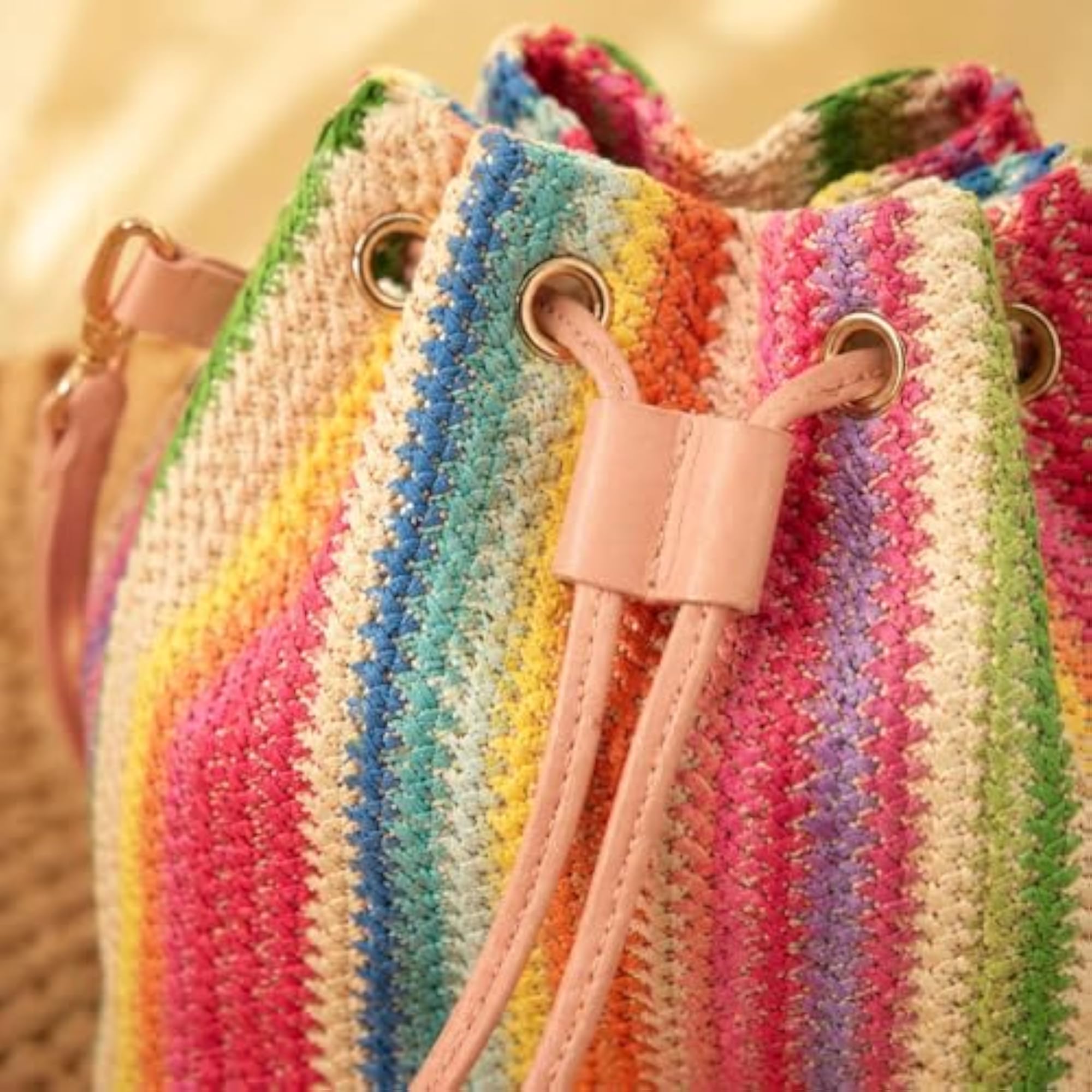 Elegant Weave Drawstring Bucket Bag for Women, Summer