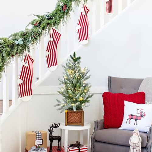 GarveeHome Small Christmas Tree with Lights, 24 Inch Prelit Artificial Mini Christmas Tree, Tabletop Snow Flocked Xmas Tree in Wood Pot for Table Centerpiece Office Dorm Desk Decorations