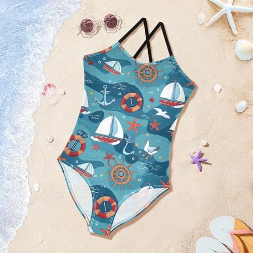 Anchor Sailboat Starfish Girls One Piece Swimsuits Summer Quick Dry Beach Bathing Suit3