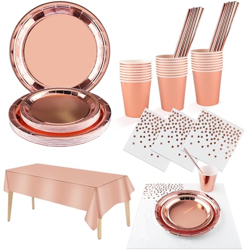Zeeree - Vajilla de cumpleaños, kit de 121 piezas, con taza, toalla de papel, paja, platos de toallas, tema rosa y oro, decoración de cumpleaños para niña (24 invitados)