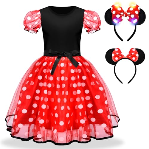Herenear Disfraz Minnie Mouse para Niña Bebe, Disfraz de Mini Mouse con LED Diadema Minnie Mouse, Niños Bebé Vestido de Lunares para 1-9 Años, Cosplay Fiesta de Cumpleaños Princesa Vestidos