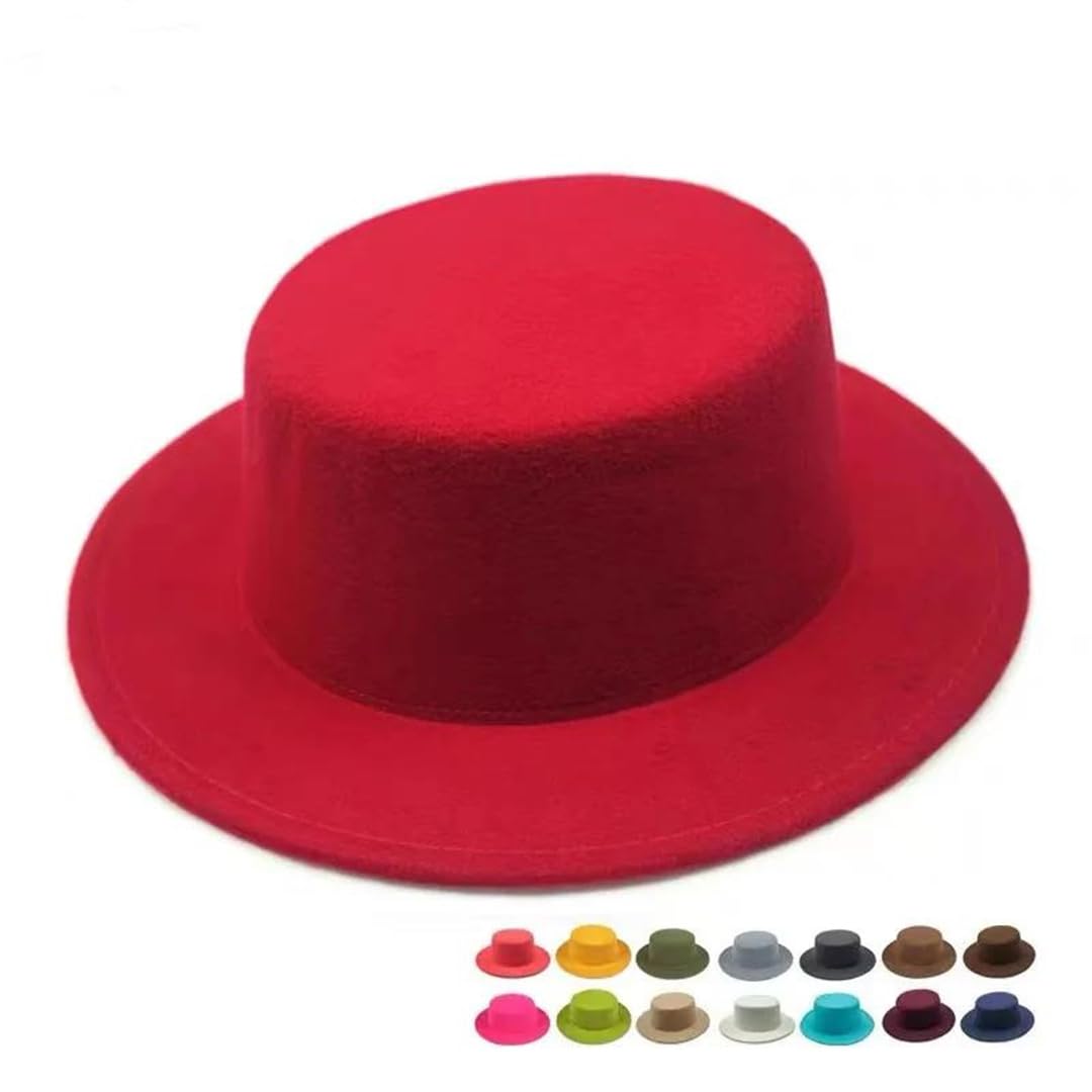 Suwequest Tinta unita Boater Fedora Cappello Autunno Inverno Imitazione Lana Bombetta Cappello Donne Uomini Flat Top Feltro Cap Elegante Lady Chapeu, 11 caffè, 55/58 cm