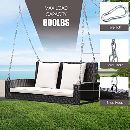 Tangkula 2-Person Wicker Hanging Porch Swing, Patiojoy Outdoor Rattan Swing Bench W/ 2 Back Cushions & 1 Seat Cushion, Sturdy Steel Chain, 800Lbs Weight Capacity, Suitable For Deck, Backyard, Garden #TOP6