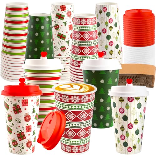 50 Pcs Christmas Hot Coffee Cups with Lids 16 Oz Christmas Disposable Paper Cups with Lids and Sleeves Xmas Paper Cup for Hot Cold Drinks Hot Cocoa Drinking Xmas Holiday Winter Party Supplies