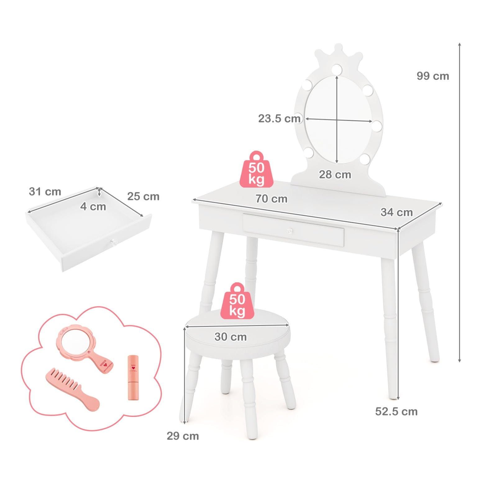 LIFEZEAL Specchiera Trucco Bambina, con 7 LED, 3 Colori di Luci, Postazione Trucco Bambina, con Sgabello Imbottito, Cassetto e Specchio di Corona, Toeletta Trucco per Bimbi 3-7 Anni (bianco)