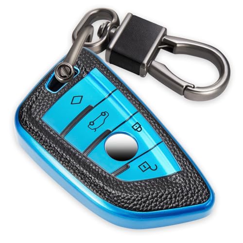 Image of Key Fob Cover for BMW, Leather-Style Keychain Tab Cover, Blue