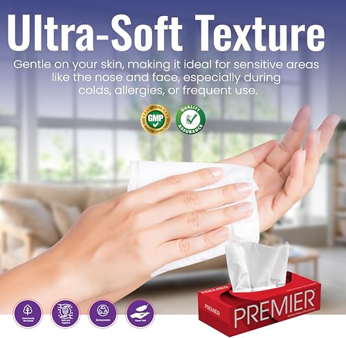 Image of Premier 2-Ply Box Face Tissue Papers - 100 Pulls per Box (Pack of 4, 400 Pulls, 800 Sheets) -Ultra Soft, Gentle & Highly Absorbent Facial Tissues for Home, Office, Car & Travel | Red