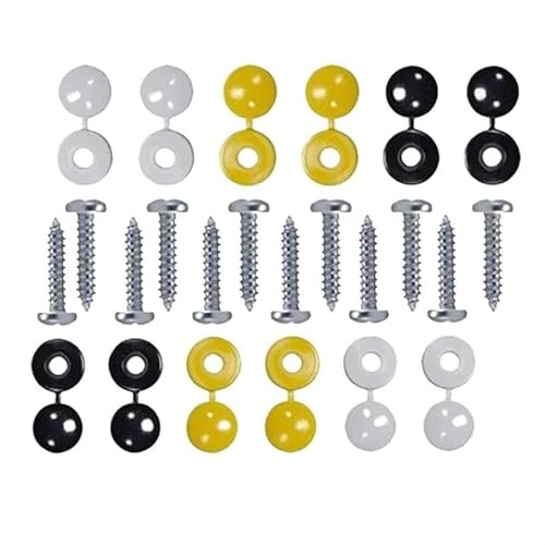 DXHSLH 12 X Number Plate Car Fixing Fitting Kit Screws & Caps Hinged Black Yellow White