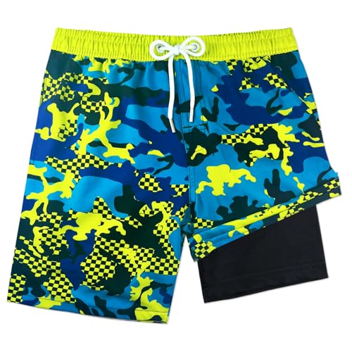 Image of Boys Swim Trunks with Boxer Brief Liner Compression Anti Chafe Swimming Shorts Stretchy UPF Quick Dry Swimsuit