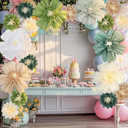 Image of TaoBary Large Colorful Tissue Paper Flowers Giant Fiesta Paper Pom Poms Classroom Wall Decor Mexican Birthday Party Decorations Wedding Backdrop(20 inch and 10 inch,Green Series,12 Pcs)