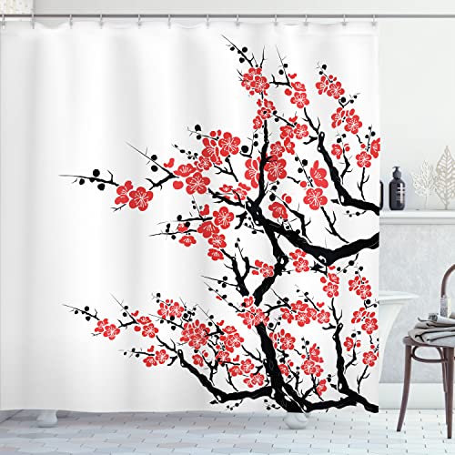 Ambesonne Asian Shower Curtain, Plum Tree Blossoms Japanese Spring Traditional
