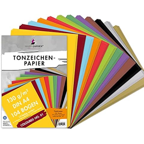 MarpaJansen Tonpapier 130g Bunt - DIN A4 - 104 Blatt - 12 Farben - Tonpapier zum Basteln - Papier zum basteln Bunt Cover